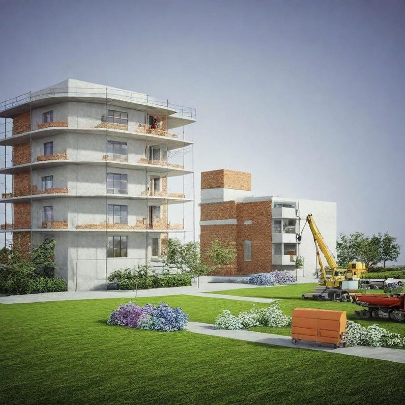 Moderne Wohngebäude mit Gartenlandschaft und einem Baukran im Vordergrund.
